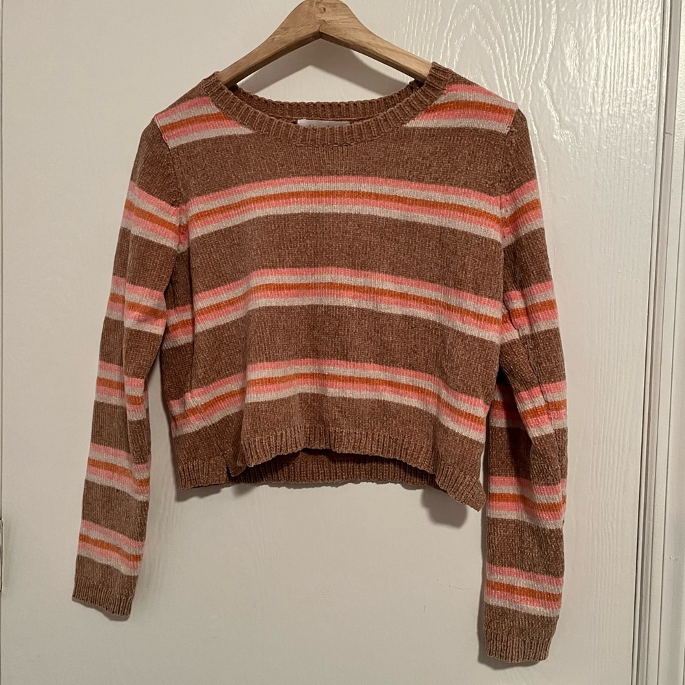 NWT All In Favor Nordstrom Taupe & Pink Striped Chenille Sweater